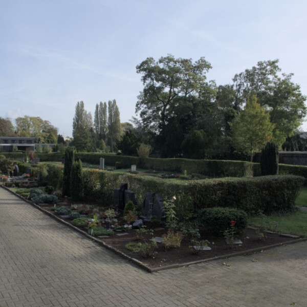 Ein gepflasterter Weg auf dem Friedhof Rosenhügel in Schalke-Nord führt an einer Reihe von Gräbern vorbei.