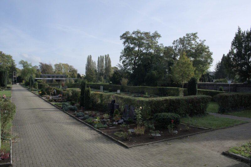 Ein gepflasterter Weg auf dem Friedhof Rosenhügel in Schalke-Nord führt an einer Reihe von Gräbern vorbei.