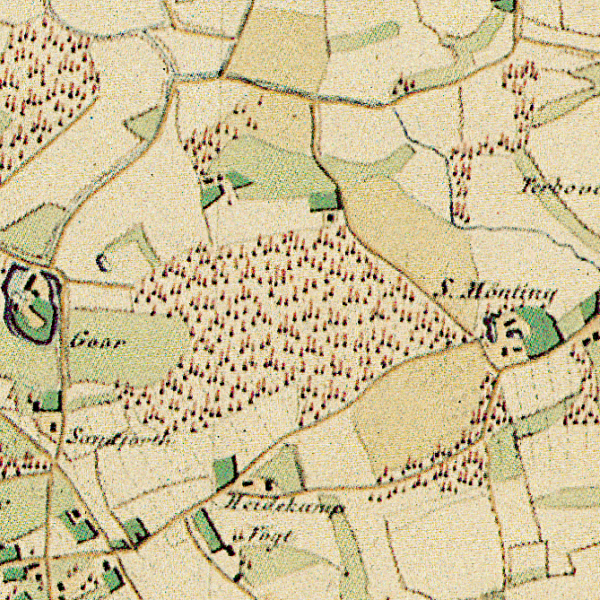 Eine historische Karte aus dem 1836. Auf dem Kartenausschnitt ist das Haus Goor und ein Wald zu sehen.
