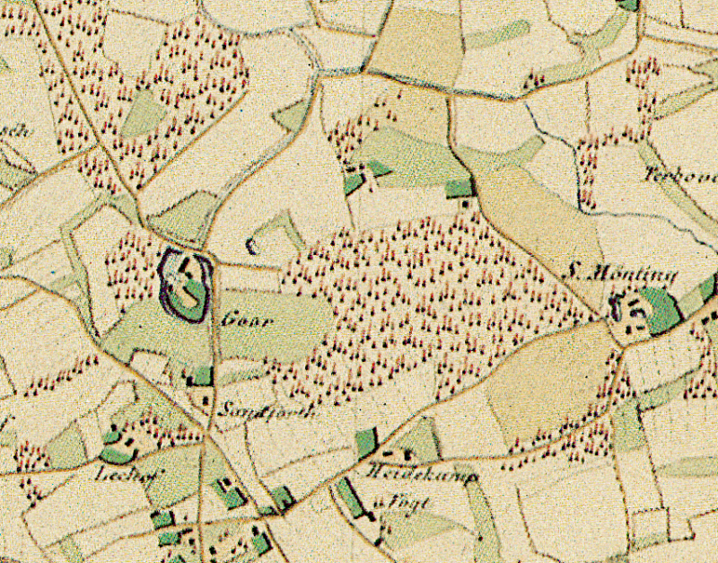 Eine historische Karte aus dem 1836. Auf dem Kartenausschnitt ist das Haus Goor und ein Wald zu sehen.