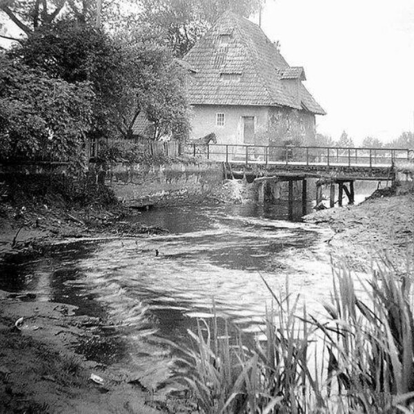 Unter einer Brücke, die von einem Pferdegespann überquert wird, fließt ein Fluss. An der Brücke steht ein Haus, ansonsten ist die Natur unberührt.